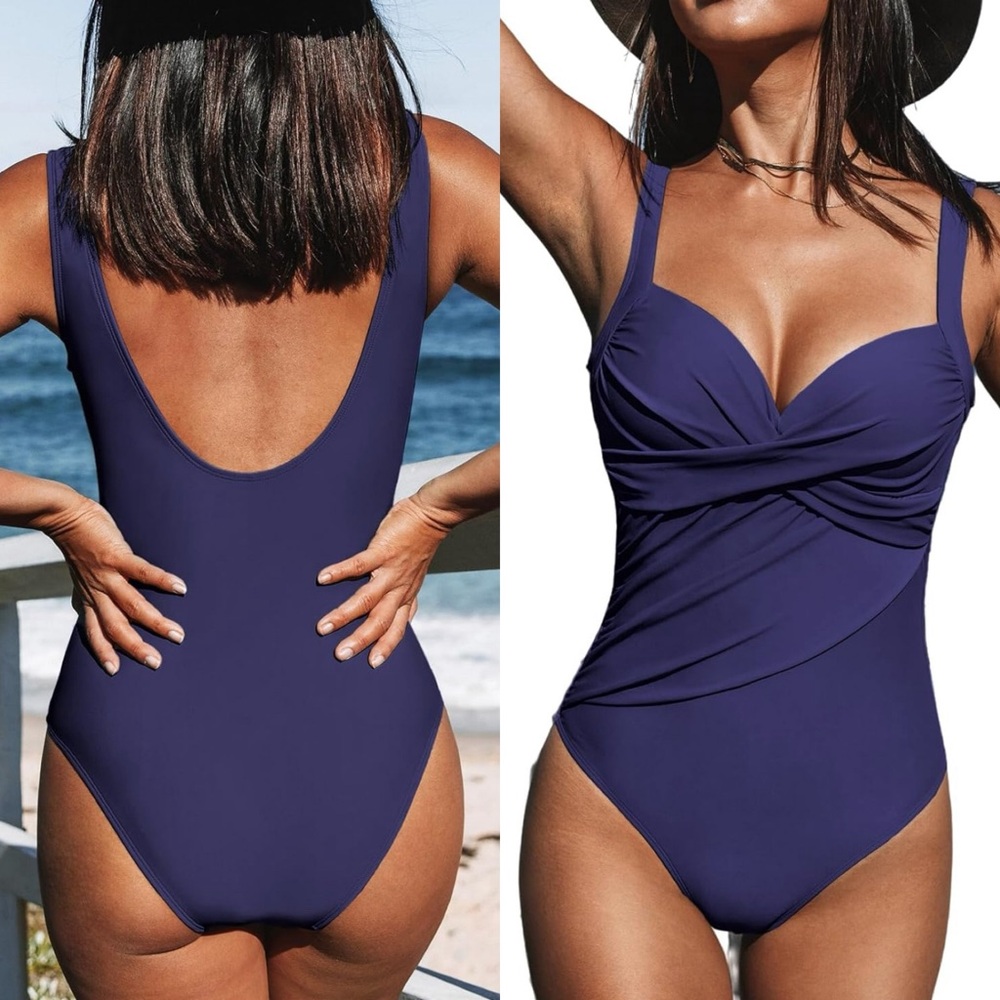 Women's One Piece Swimsuits Bathing Suits V Neck Twist Ruched Wide Straps U Back